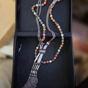 boho Long neclaces silver tone and real stone beaded necklace.